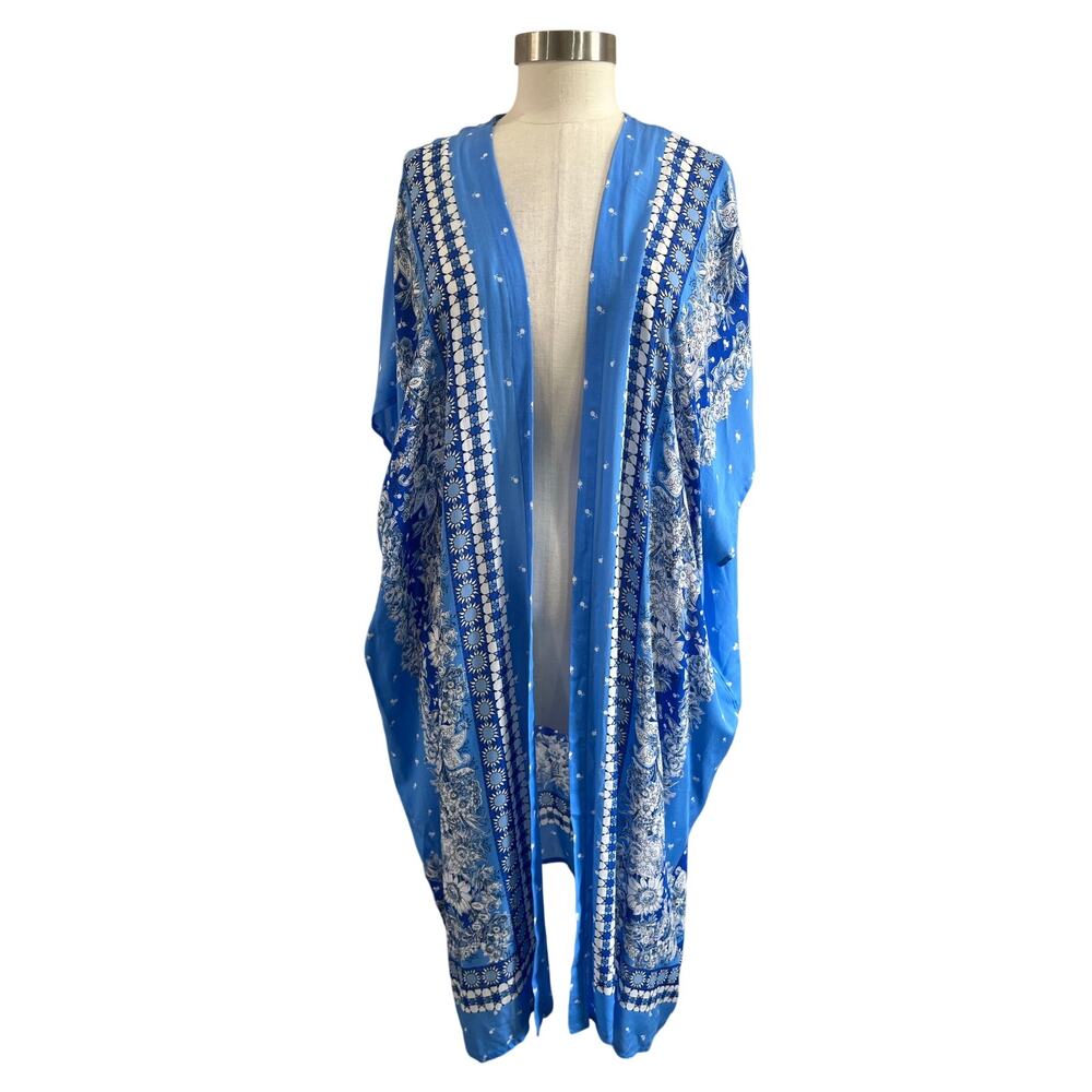 LOFT Blue‎ Printed Kimono Cover Up M L Modal Lightweight Beach Resort Boho